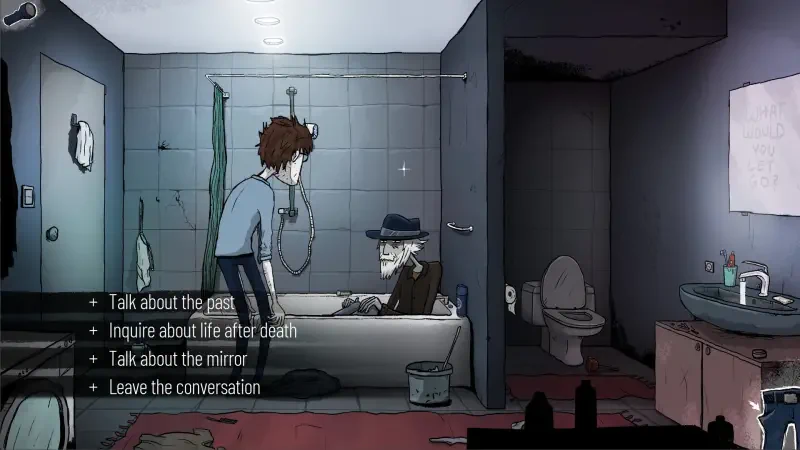 A scene from the video game Mindlock - The Apartment, featuring a character in a bathroom, engaging with a mysterious figure in a bathtub, with dialogue options displayed.