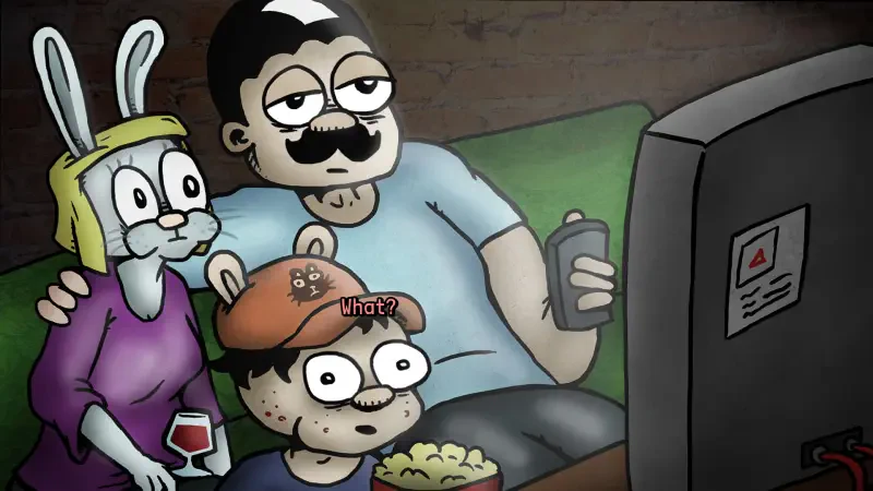 A family sits in a living room, engrossed in a video game. The rabbit-eared character holds a drink, while a boy munches popcorn, all reacting to the screen with expressions of surprise.