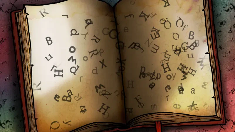 An open book with scattered letters, set in a cozy living room, evokes the imaginative worlds found in video games. The pages shimmer with the magic of storytelling.