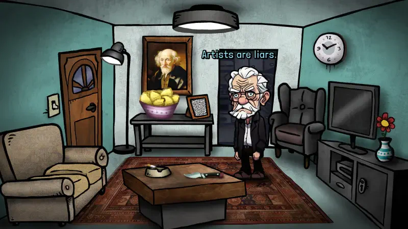 A whimsical living room scene from a video game, featuring a distinguished older man, a large bowl of lemons, and artwork on the walls, all set in a cozy, colorful environment.