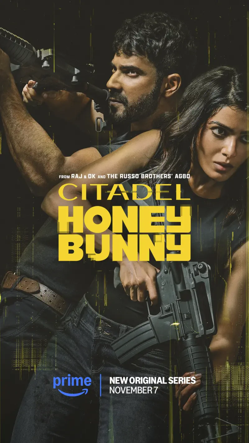 Promotional image for the TV show Citadel: Honey Bunny, featuring two armed characters in a dramatic pose. The series premieres on Prime on November 7.