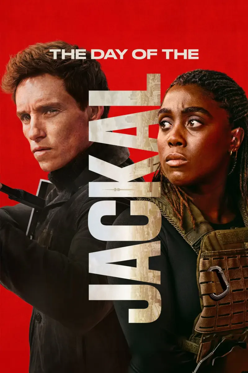 Two characters from the TV show The Day of the Jackal (2024) face each other against a bold red background, embodying tension and drama.