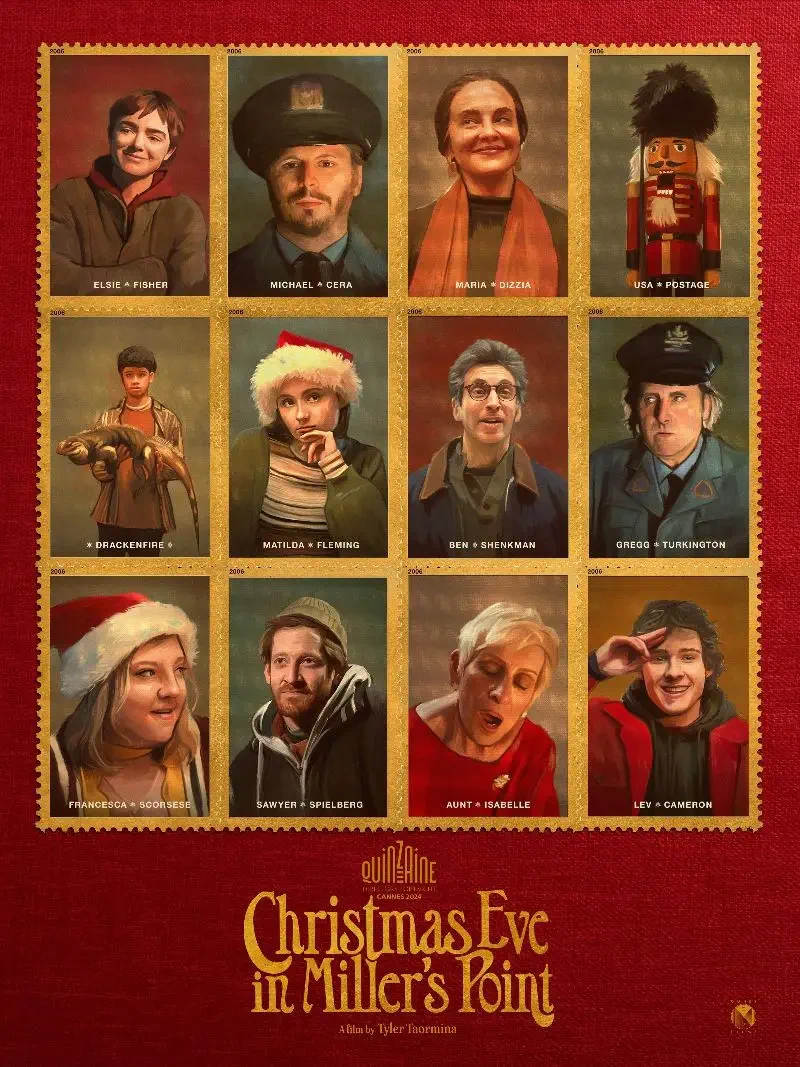 A festive collage from the film Christmas Eve in Miller's Point, featuring characters portrayed by various actors in Christmas-themed attire and settings.