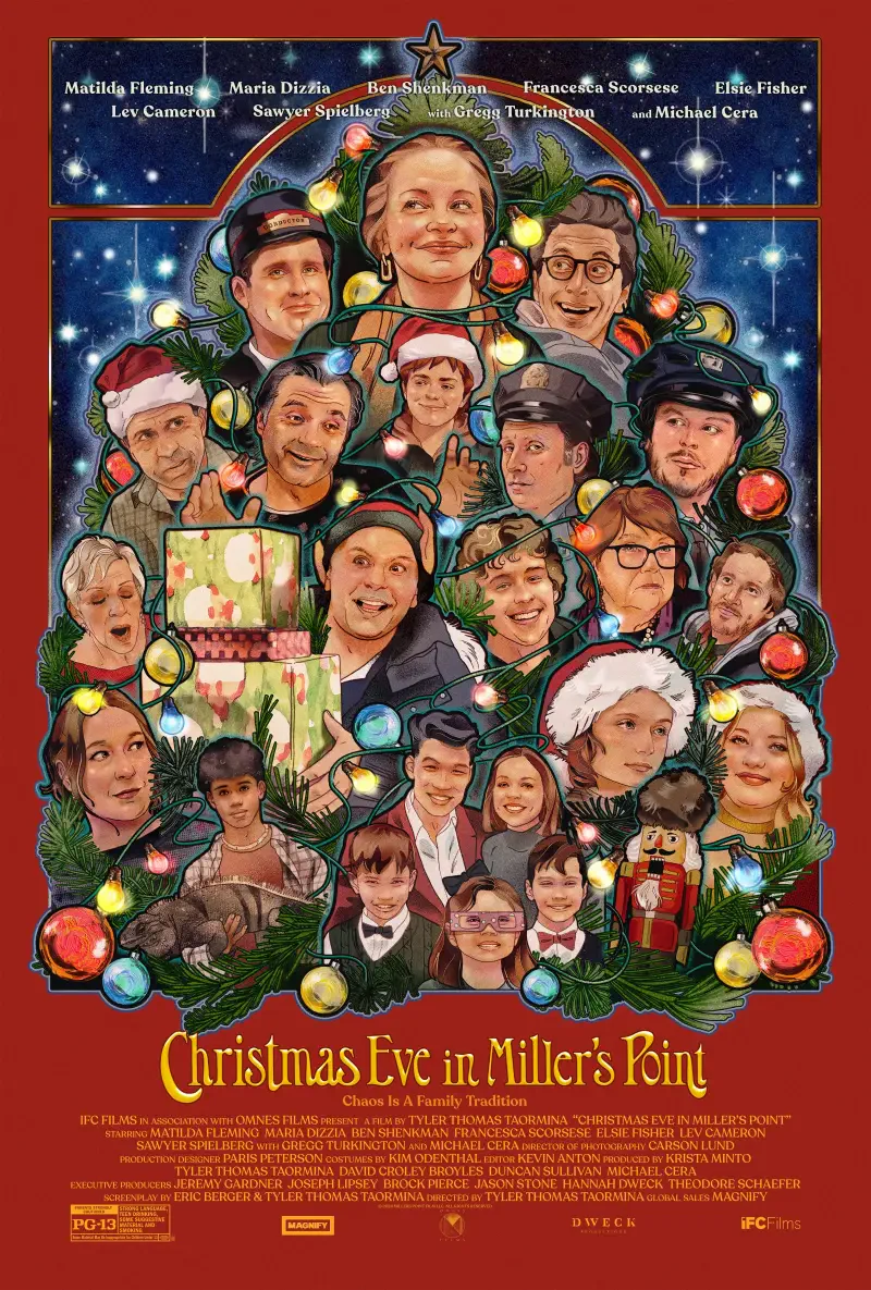 A colorful movie poster for Christmas Eve in Miller's Point, featuring an ensemble of diverse characters surrounded by holiday decorations and lights.