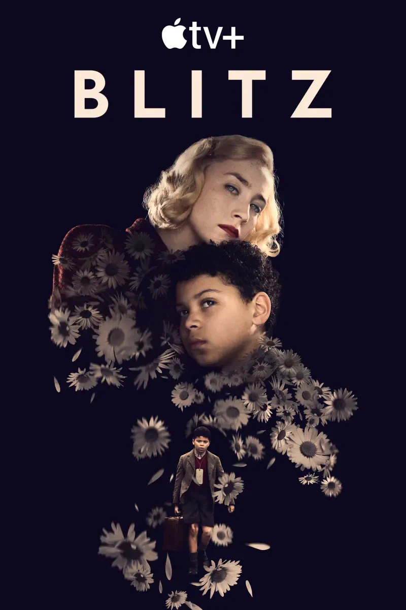 A promotional image for the movie Blitz (2024) features a woman and a boy surrounded by flowers, with the title and Apple TV+ logo prominently displayed.