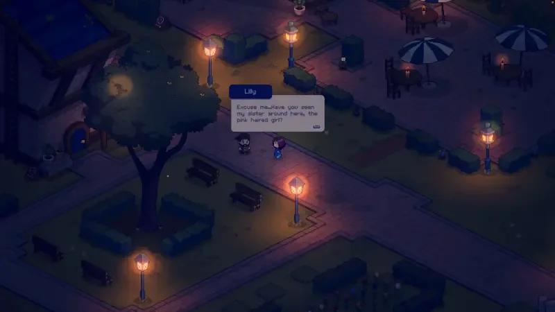 A serene nighttime scene from the video game Everholm, featuring a character named Lily speaking beneath glowing street lamps in a park atmosphere.