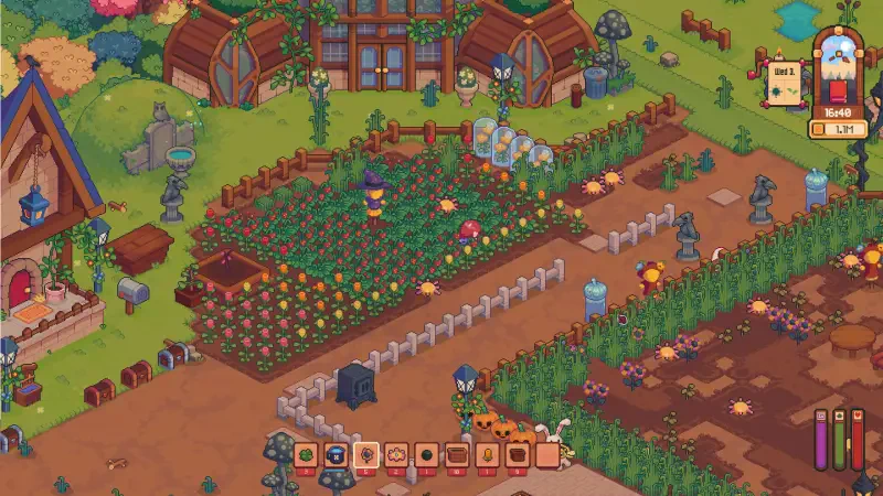 A vibrant scene from the video game Everholm, featuring lush gardens, colorful flowers, and characters tending to crops among charming buildings and decorative statues.