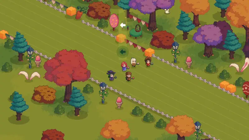 A vibrant scene from the video game Everholm, featuring colorful trees and playful characters enjoying a cheerful landscape with whimsical details.