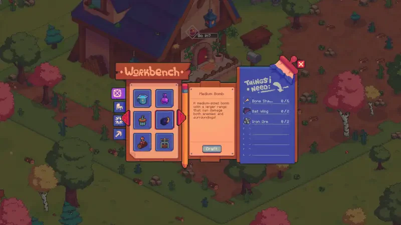 A screenshot from the video game Everholm, displaying a workbench interface with crafting options and a task list, surrounded by a colorful, animated landscape.