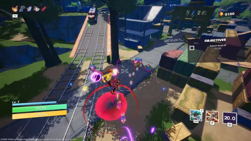 A vibrant scene from the video game Atomic Picnic, featuring dynamic character action amidst a colorful environment with crates, roadways, and scattered objectives.