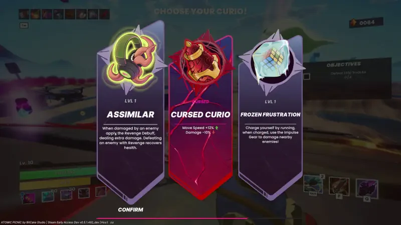 A selection screen from the video game Atomic Picnic showcasing three upgrade options: Assimilar, Cursed Curio, and Frozen Frustration, each with distinct abilities and effects.