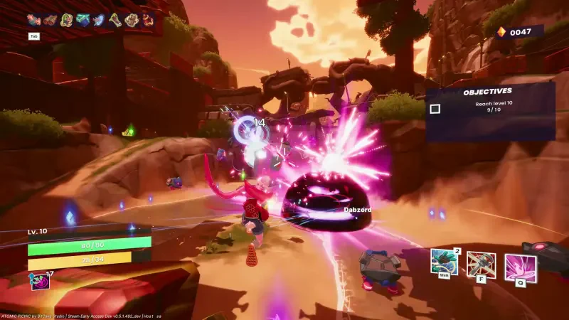 A dynamic scene from the video game Atomic Picnic, featuring a character using vibrant abilities against a glowing enemy in a colorful landscape.