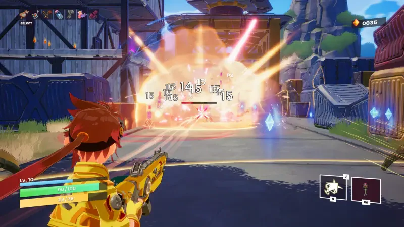 A character in a vibrant environment from the video game Atomic Picnic, aiming a weapon at an explosion, with colorful effects and various elements in the background.