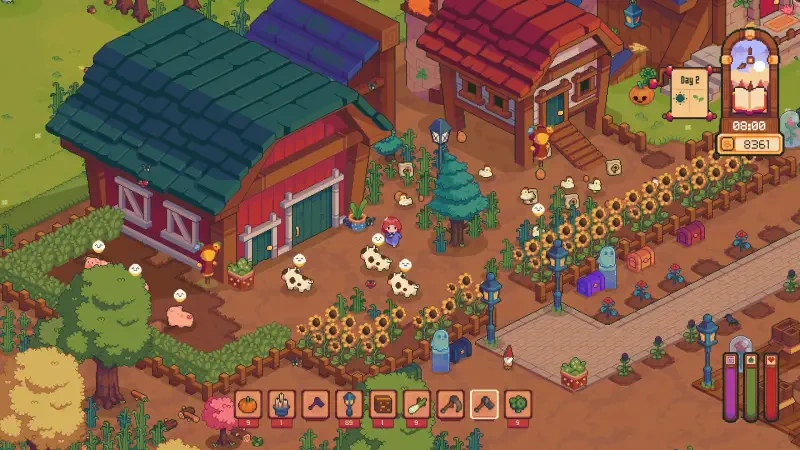 A vibrant scene from the video game Everholm, featuring colorful houses, lush gardens, and blooming sunflowers, creating a lively and charming farm atmosphere.
