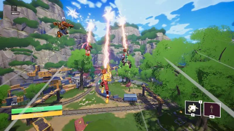 A vibrant scene from the video game Atomic Picnic, showcasing colorful characters launching into the sky amidst lush greenery and dynamic landscapes filled with structures.