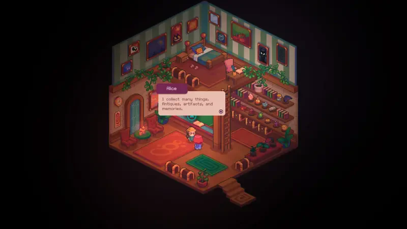 A cozy, detailed room from the video game Everholm, featuring a character interacting with various objects and dialogue boxes, surrounded by colorful decor and lively plants.