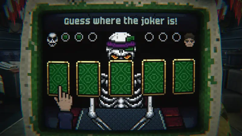 A game screen from Is this Game Trying to Kill Me? featuring a skeleton character prompting players to guess the location of a joker behind four cards.