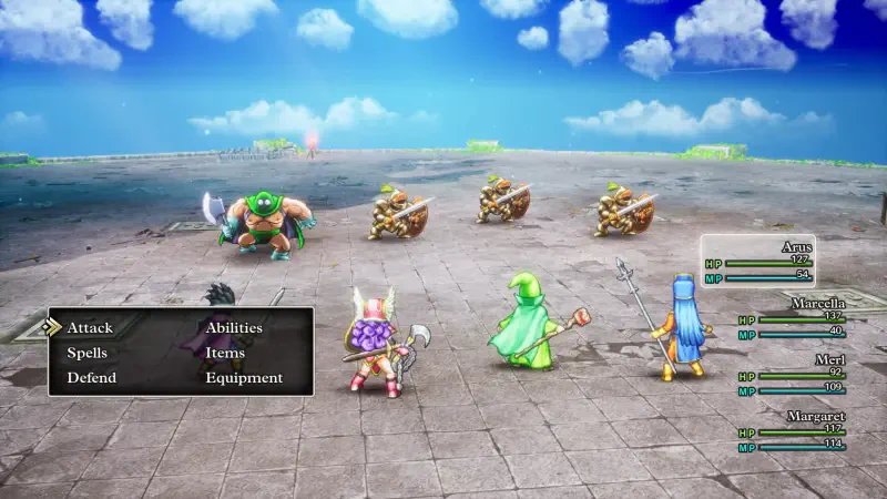 A vibrant scene from the video game Dragon Quest III HD-2D Remake, showcasing a group of colorful characters preparing for battle against an enemy in a fantastical landscape.