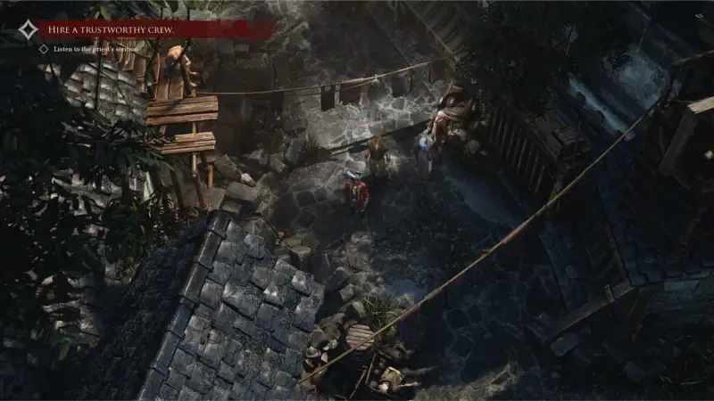 A top-down view of a character navigating a detailed, gritty environment in the video game Flint: Treasure of Oblivion, showcasing a blend of exploration and adventure elements.