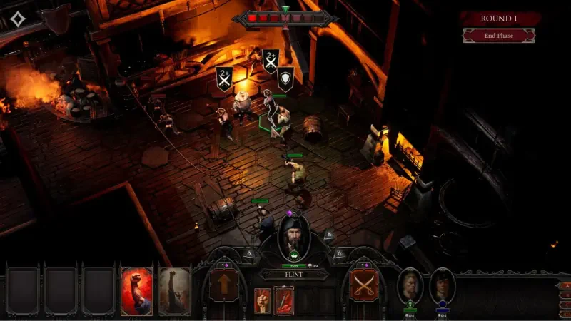 A gameplay scene from *Flint: Treasure of Oblivion*, featuring characters battling in a dimly lit dungeon with strategic elements and various in-game icons displayed.