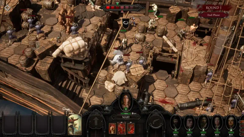 A top-down view of a strategic battle scene from the video game Flint: Treasure of Oblivion, showcasing a variety of characters and intricate hexagonal terrain.