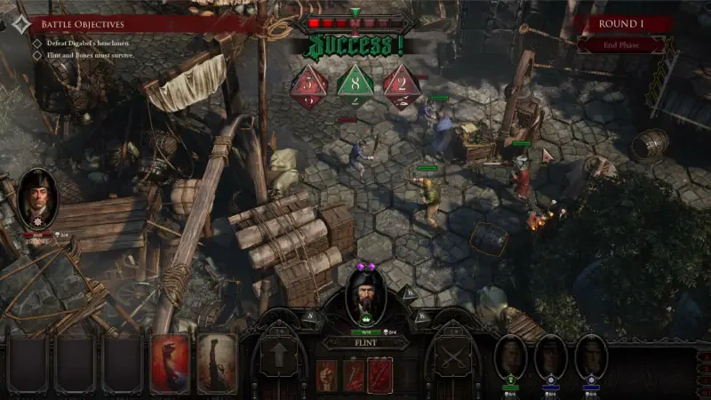 A scene from the video game Flint: Treasure of Oblivion, showcasing a character in a strategic battle on a cobblestone path, surrounded by various in-game elements and allies.