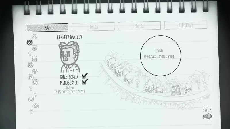 A digital notebook page from the video game Mindcop, featuring a character named Kimmy Hawley with status updates on questioning and mind-reading.