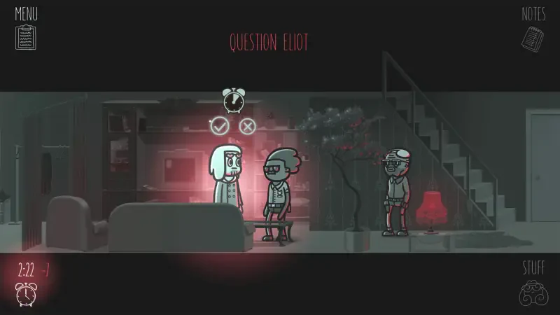 A scene from the video game Mindcop, featuring a character interacting with others in a stylized, dimly lit room, highlighting an atmosphere of mystery and intrigue.