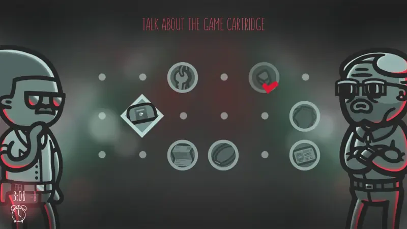A scene from the video game Mindcop, featuring two characters discussing game controls, surrounded by various icons representing gameplay elements.
