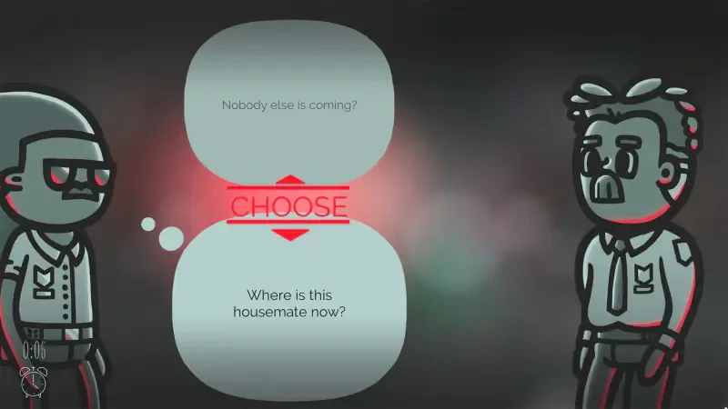A still from the video game Mindcop featuring two animated characters engaging in a dialogue with the prompt Choose and a question about a housemate's location.