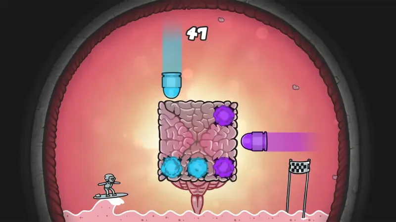 A scene from the video game Mindcop, featuring a character surfing on a digestive organ while dodging bullets and aiming for a finish line in a vibrant, surreal setting.