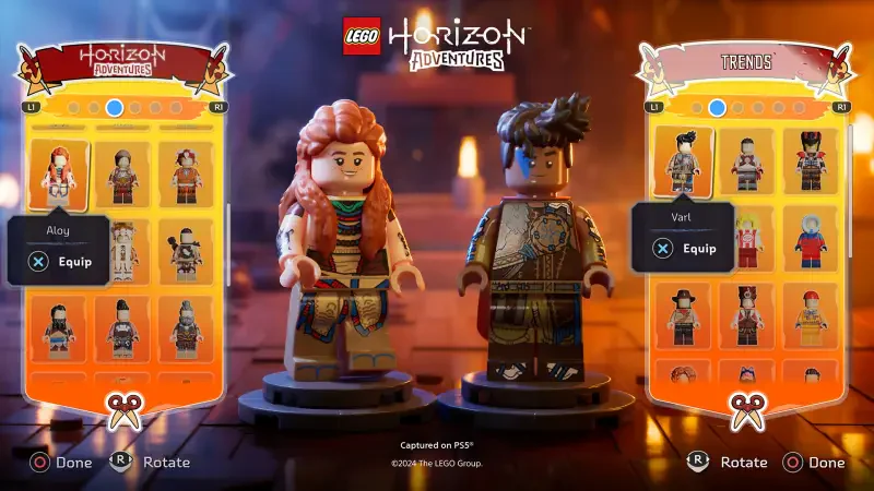 Two Lego characters from the video game Lego Horizon Adventures stand side by side, showcasing customizable options for outfits and accessories on the selection screen.