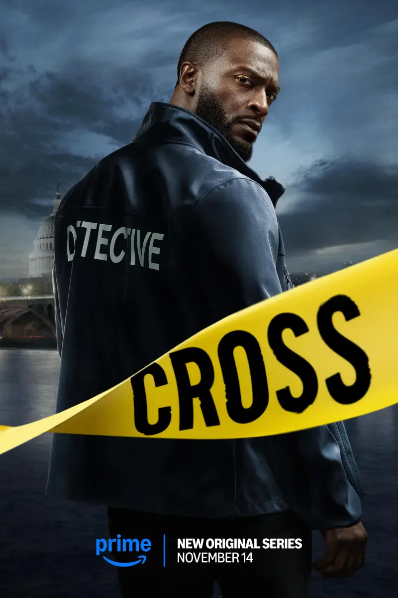 Aldis Hodge stars as a detective in the new TV show Cross (2024), featuring a dramatic backdrop and a bold yellow crime scene tape. Premieres on Prime November 14.