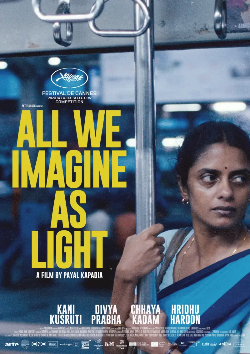 A promotional poster for the movie All We Imagine as Light, directed by Payal Kapadia, featuring a contemplative woman in a blue sari, set against a vibrant urban backdrop.