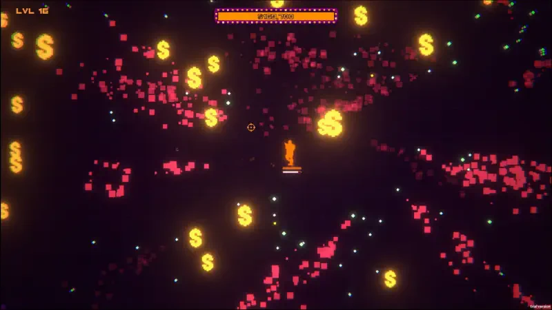 A vibrant scene from the video game BloodDome99, featuring a central character amidst a chaotic backdrop of glowing dollar signs and colorful pixelated elements.