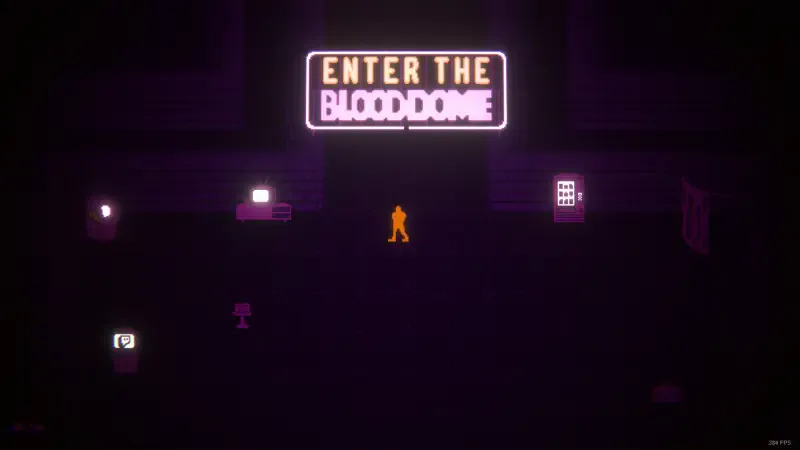 A stylized scene from the video game BloodDome99, featuring a glowing sign that reads “ENTER THE BLOODDOME” above a silhouetted character in a dark, neon-lit environment.