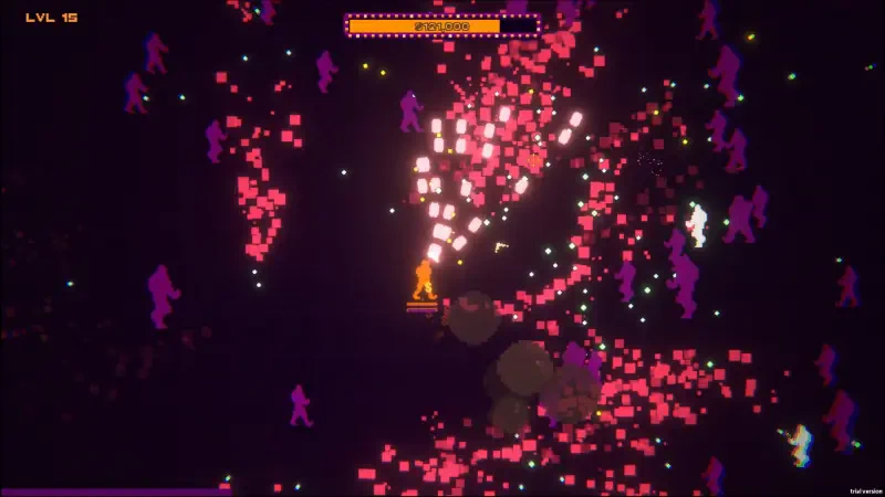 A vibrant scene from the video game BloodDome99, featuring dynamic colorful effects and characters amidst a chaotic battle environment, showcasing intense gameplay at level 15.