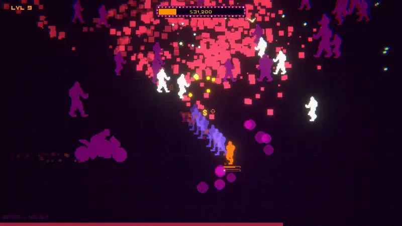 A vibrant scene from the video game BloodDome99, featuring colorful pixelated figures engaging in action amidst a backdrop of dynamic shapes and glowing explosions.