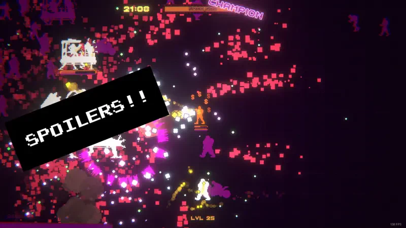 A vibrant scene from the video game BloodDome99, featuring colorful explosions and characters in battle, with a prominent black rectangle displaying the word SPOILERS!!.