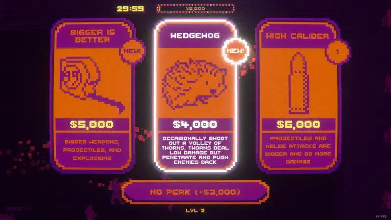 A game interface from BloodDome99 displays upgrade options: Bigger is Better for $5,000, Hedgehog for $4,000, and High Caliber for $6,000, showcasing colorful pixel art.