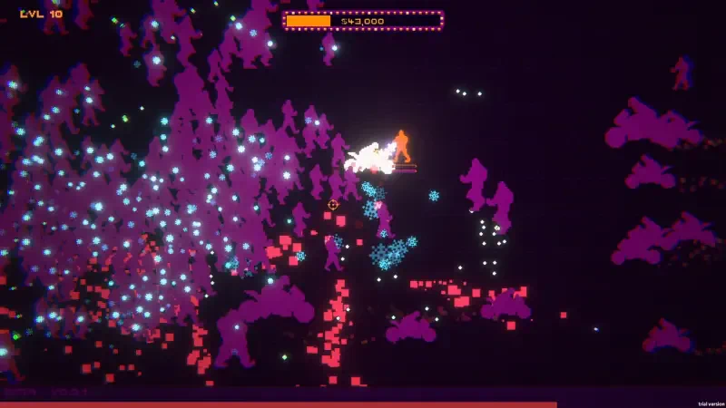 A vibrant scene from the video game BloodDome99, featuring colorful pixelated graphics and dynamic movement amidst a cosmic backdrop of swirling colors and particles.