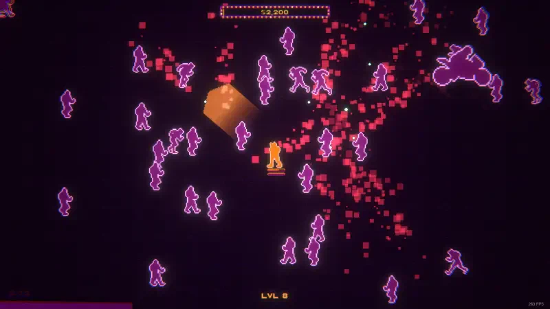 A colorful scene from the video game BloodDome99, featuring bright pink and orange shapes, with chaotic movement and pixelated figures, set against a dark background.