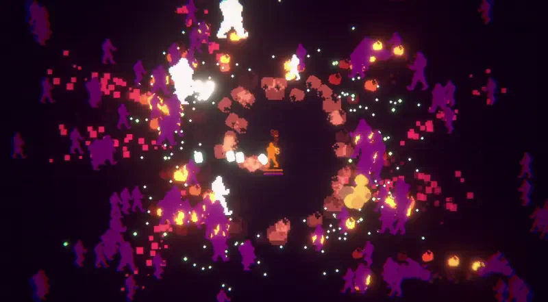A vibrant scene from the video game BloodDome99, featuring colorful, dynamic particles and characters set against a dark background, creating an energetic atmosphere.