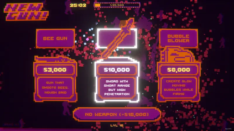A vibrant interface from the video game BloodDome99 displays weapon choices and prices, including a $10,000 sword with short range but high penetration. Colorful pixel effects enhance the visuals.