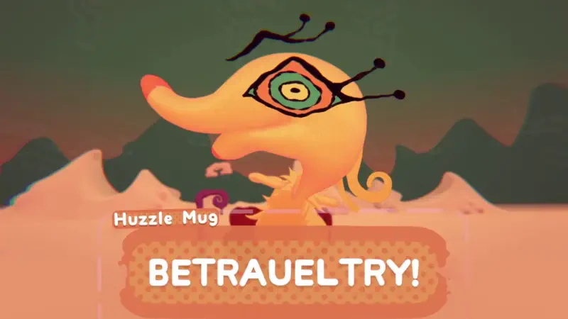 A whimsical creature from the video game Great God Grove, featuring a colorful design with distinctive eyes and antennae, alongside the text Huzzle Mug and BETRAUELTRY!