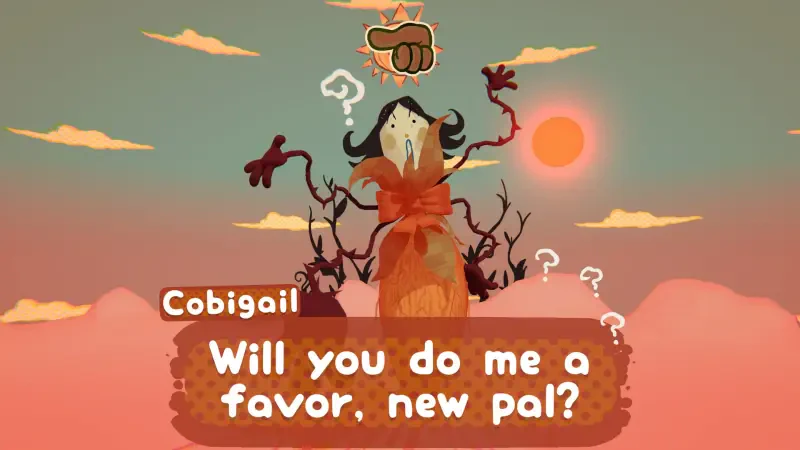 In the video game Great God Grove, a character named Cobigail asks, Will you do me a favor, new pal? against a colorful sunset backdrop with whimsical clouds.