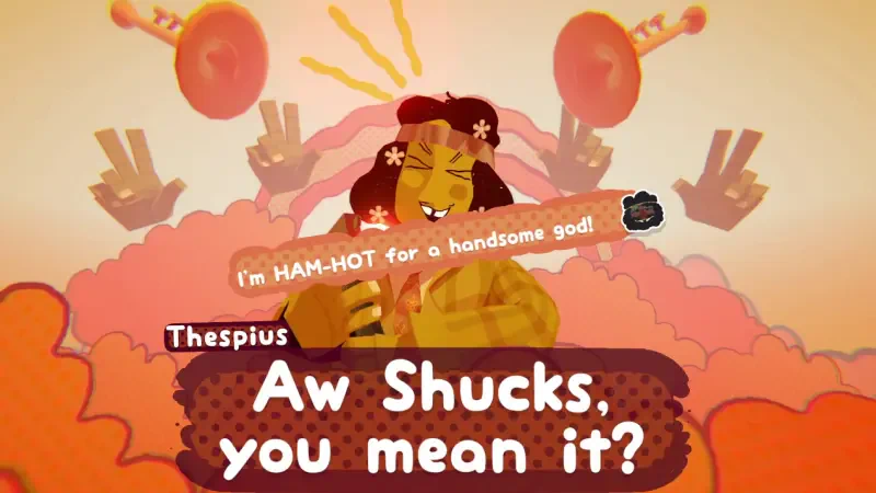 A vibrant character from the video game Great God Grove, Thespius, playfully responds with, Aw Shucks, you mean it? while showcasing a humorous take on divine charm.