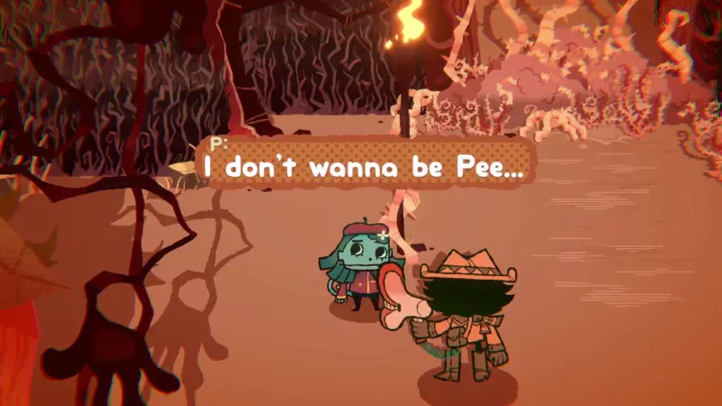 In the video game Great God Grove, a character expresses reluctance with the phrase, I don't wanna be Pee, set against a whimsical, colorful backdrop.