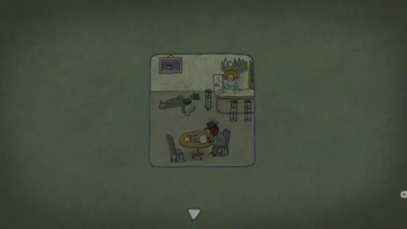 A cozy video game scene featuring a small room with a table, chairs, and a TV, showcasing characters engaged in a moment of interaction.