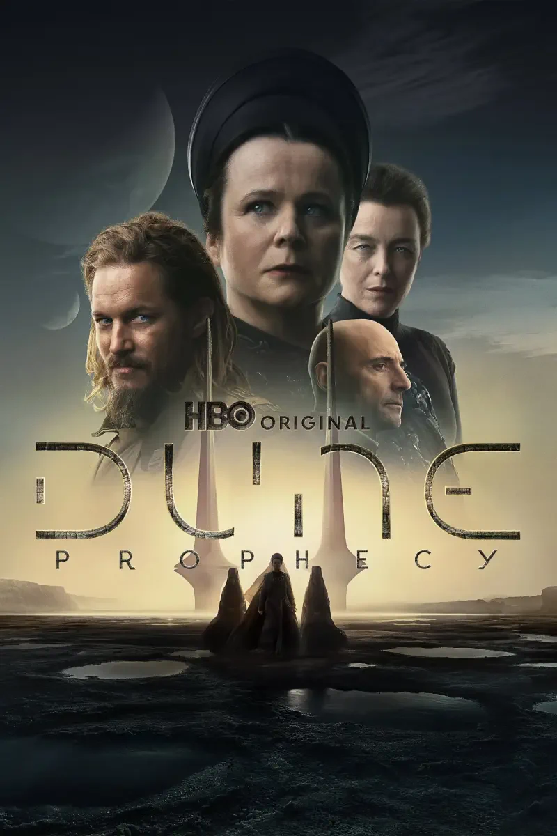 Four characters from the HBO original series Dune Prophecy are depicted against a dramatic backdrop, highlighting themes of destiny and conflict in a sci-fi universe.